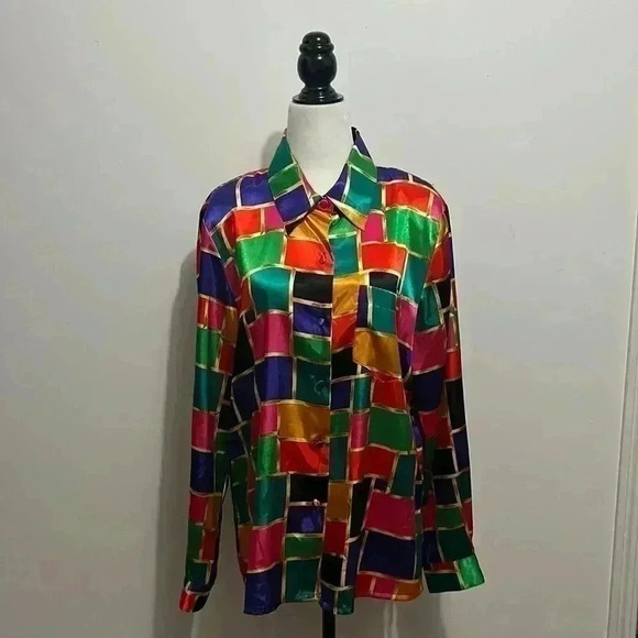 ⭐️Host Pick⭐️VINTAGE-K.C studio Women’s satin colour block button up shirts - Picture 1 of 6